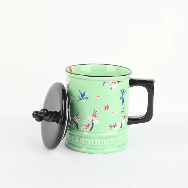 Tasse Starbucks Lucky Magpie Plum Blossom, tasse en émail vert avec couvercle noir, cadeau idéal pou