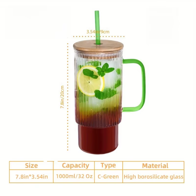Gobelet en verre nervuré d'inspiration vintage de 900 ml avec couvercle et paille en bambou – Poigné