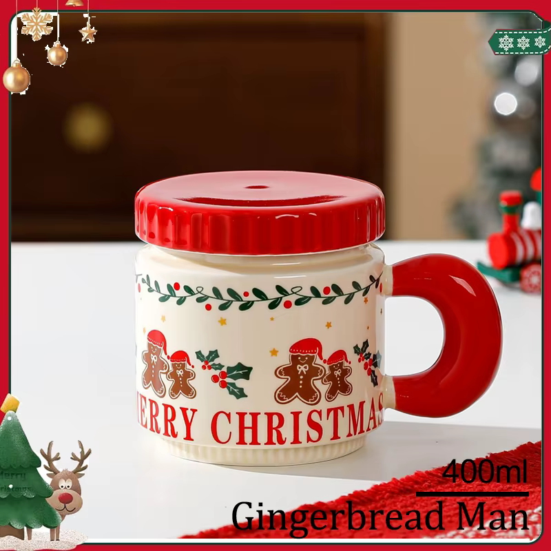 Tasse de Noël en céramique personnalisée avec couvercle, verres à café standardisés, bonhomme en pai