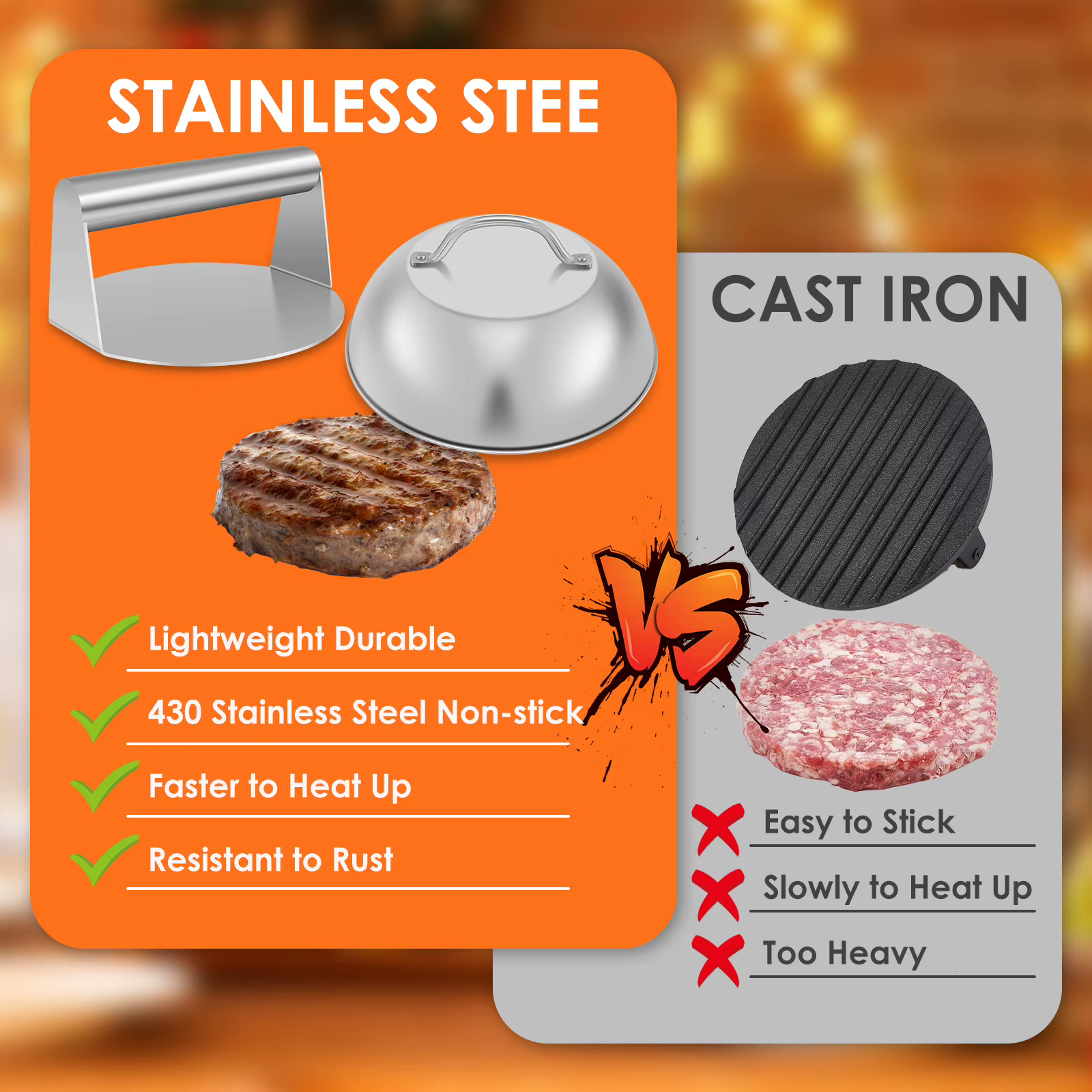 Kit de hamburger Smash avec couvercle, spatule de plaque chauffante, presse à hamburger en acier ino