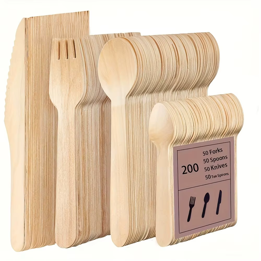 Ensemble de vaisselle jetable en bois pour fête, 100 pièces, ustensile de jardin en bambou