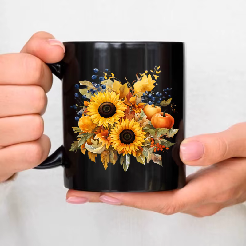 Tasse à café en céramique, tournesol noir et design récolte d'automne, adaptée à l'automne