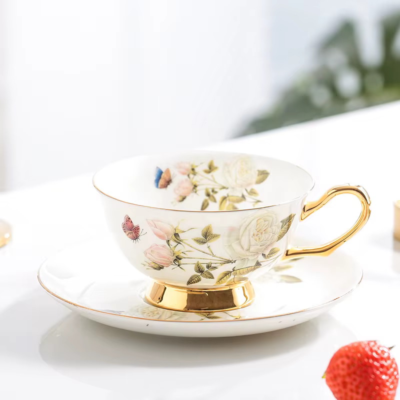 Sophia China-Tasse à café et soucoupe en porcelaine à bord doré, tasse à thé rouge, haute qualité, c