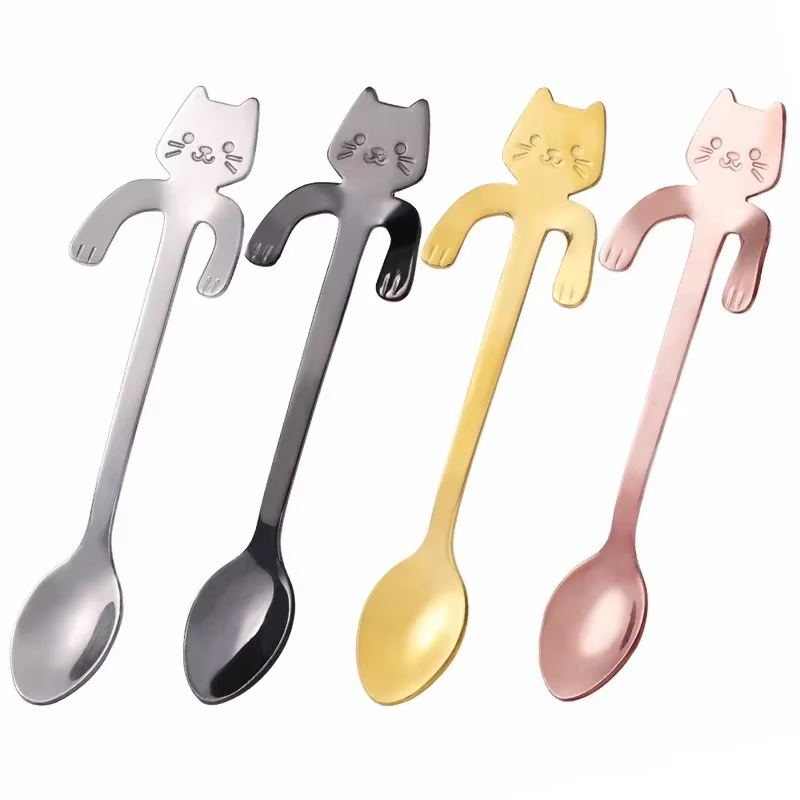Cuillère à café en acier inoxydable, joli cuillère à café en forme de chat mignon, cuillère à Desser