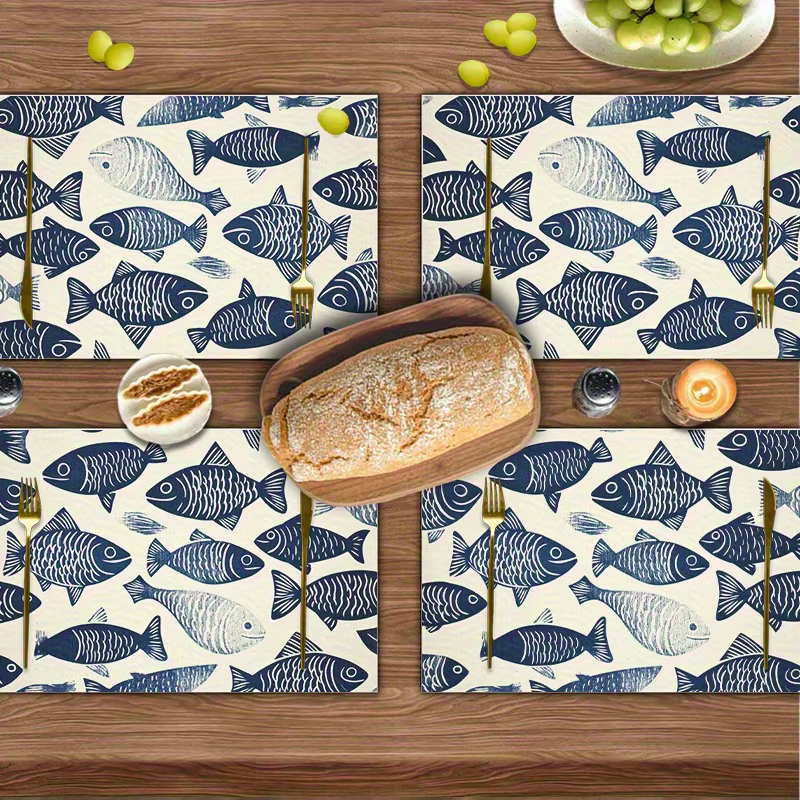 Napperon imprimé en lin bleu et blanc, 4 pièces, napperons en lin, pour Table à manger, salle à mang