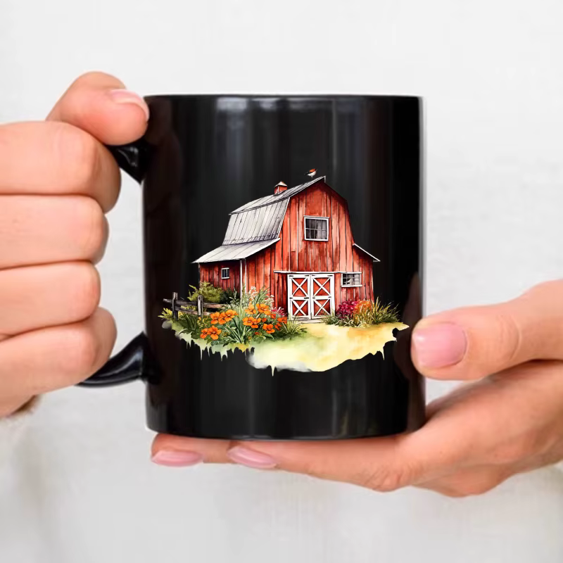 Tasse à café en céramique, conception de scène de jardin de maison de grange noir et rouge, adaptée 