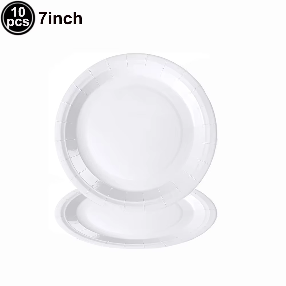 Vaisselle jetable blanc solide, assiettes à dîner blanches, plateau alimentaire, tasses, serviettes,