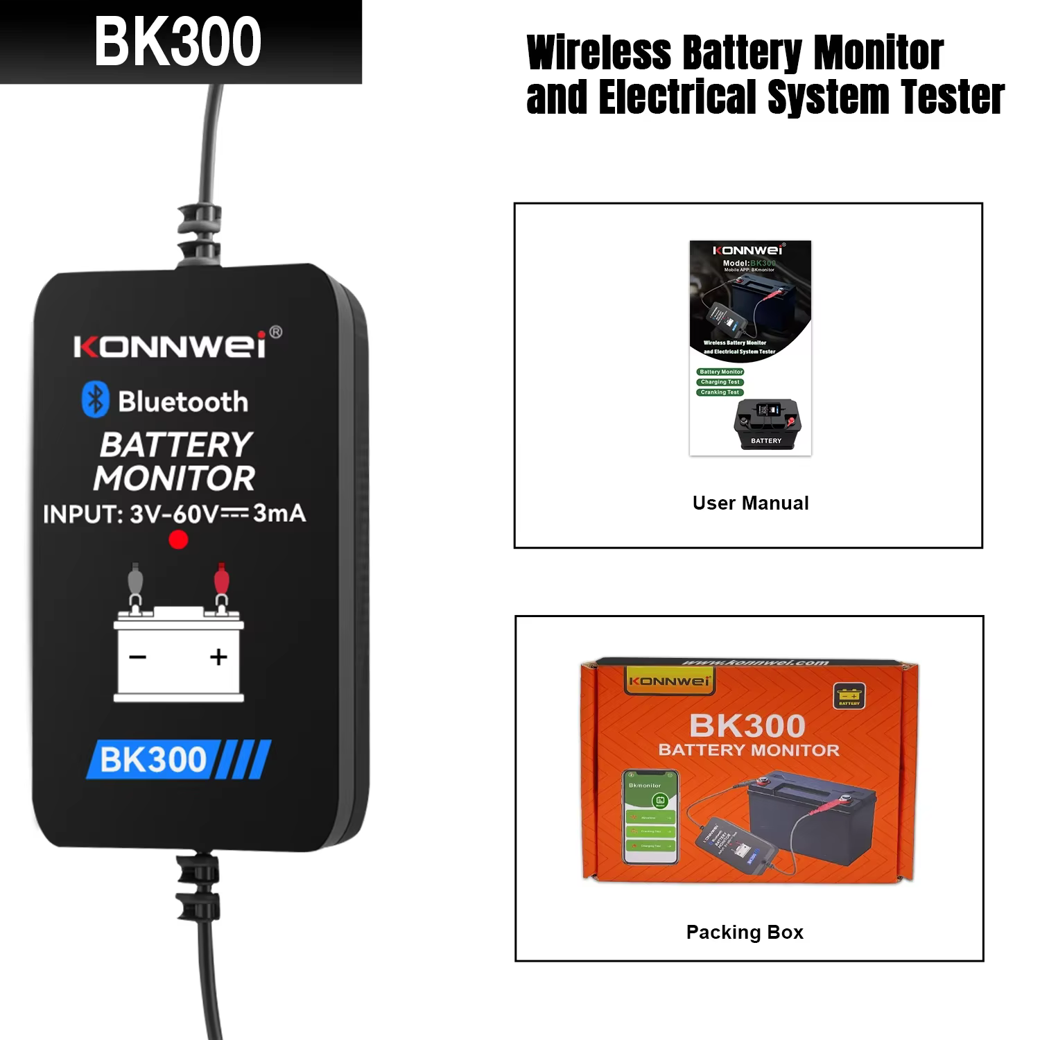 KONNWEI BK300 12V testeur de batterie sans fil Bluetooth 5.2 moniteur de batterie affichage LED SOH