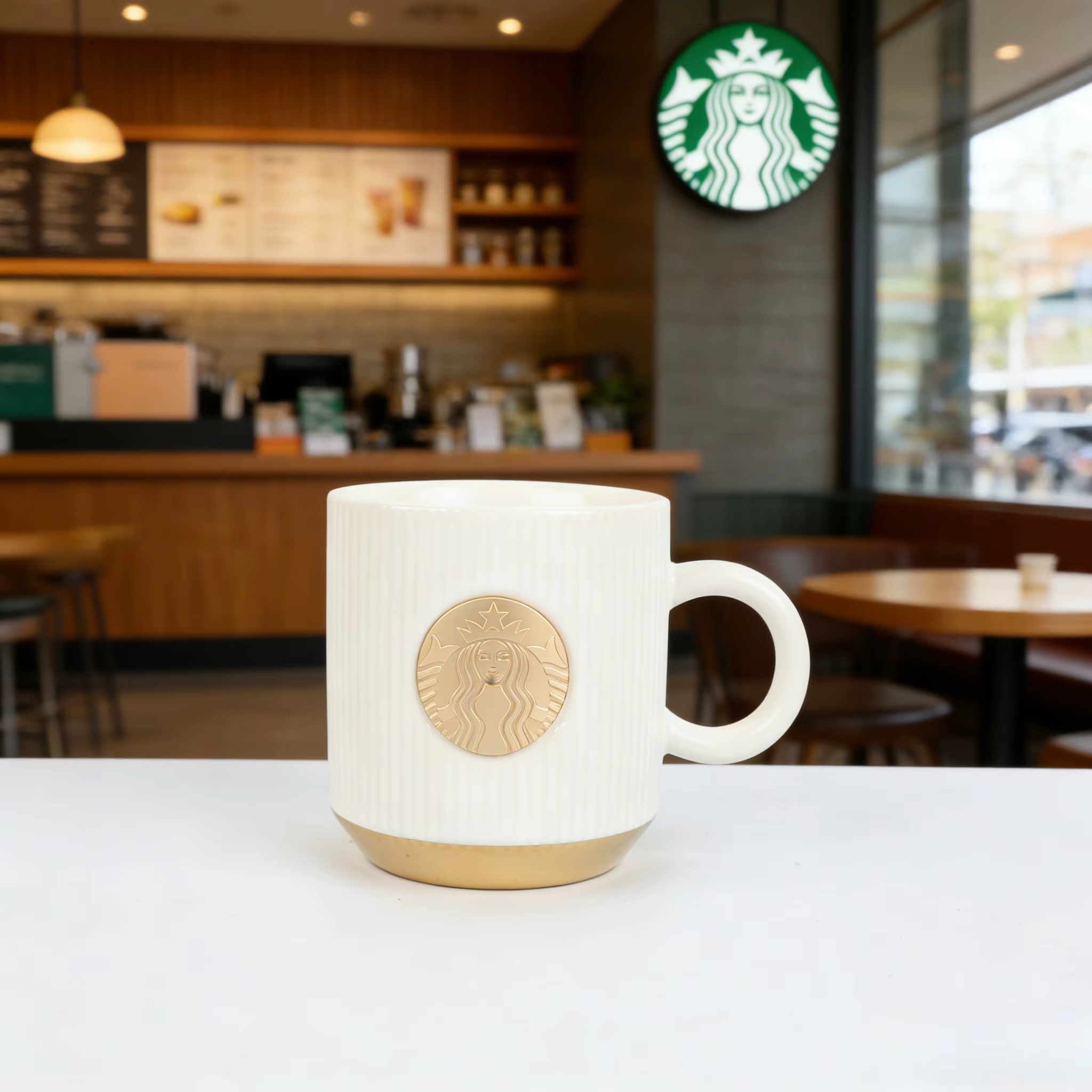 Mug en céramique blanc vintage Starbucks Gold Siren, côtelé, 355 ml, cadeau idéal pour la Saint-Vale