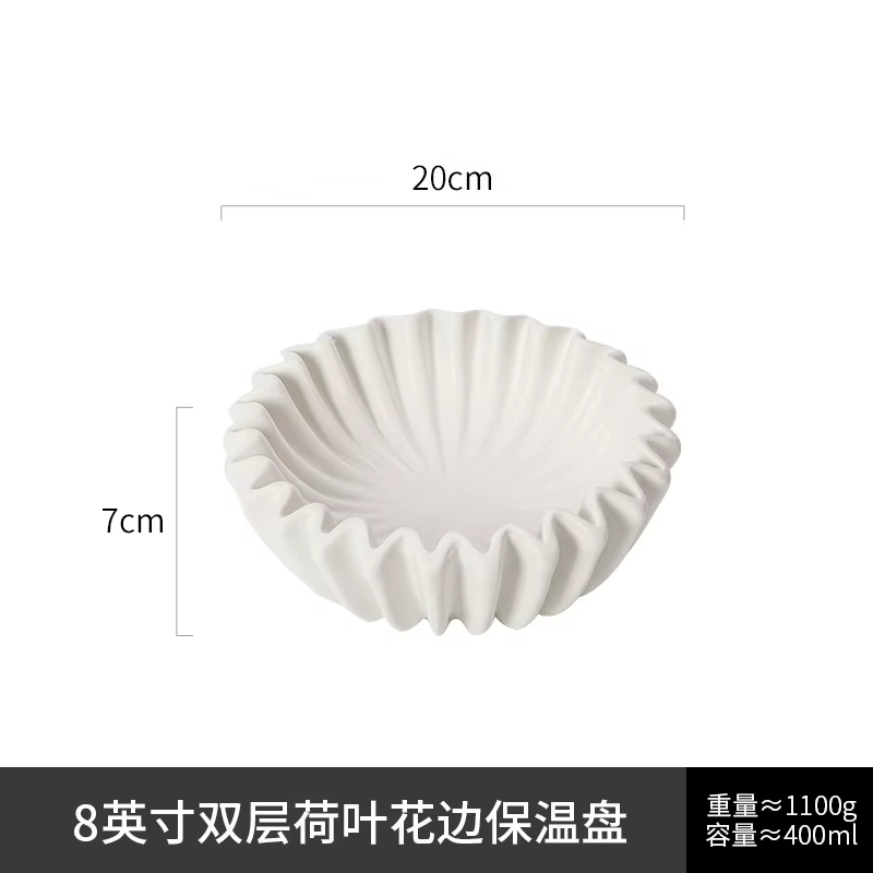 Assiette isolante en forme de feuille de lotus double couche en céramique blanche, assiette en forme