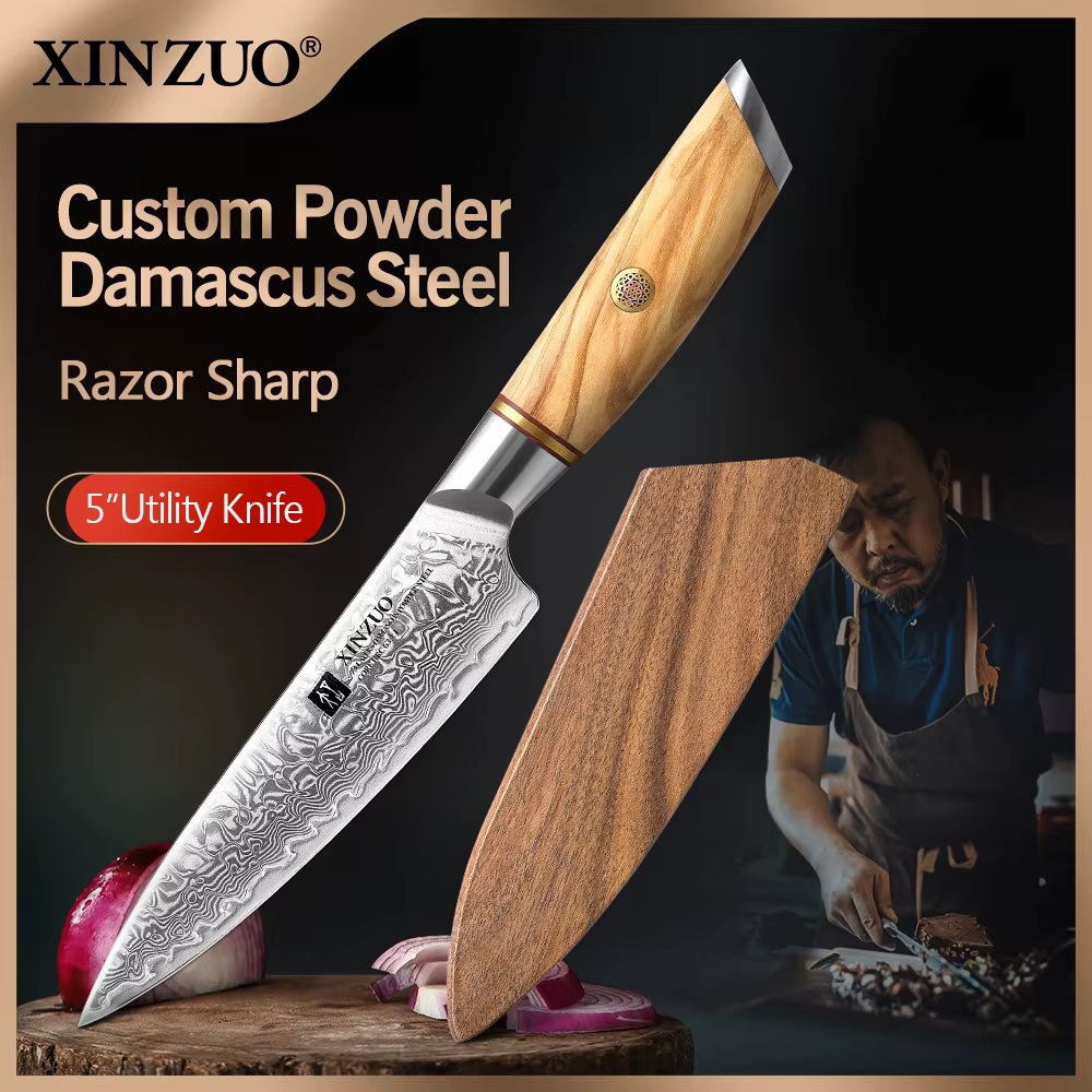 XINZUO couteau utilitaire de 5 pouces couteaux de cuisine japonais 73 couches noyau d'acier en poudr