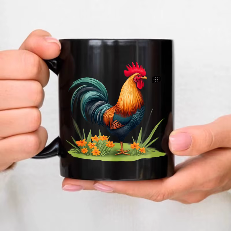 Tasse à café en céramique, coq noir au design floral, adaptée à la maison, au bureau et à la cuisine