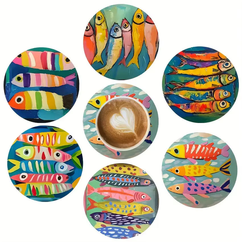 Dessous de verre circulaire en bois coloré 2D, avec motif de sardine de dessin animé, idéal pour les