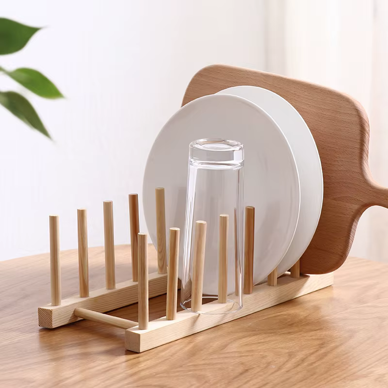 Support de rangement d'assiettes, support à vaisselle multifonctionnel en bois pour tasse, couvercle