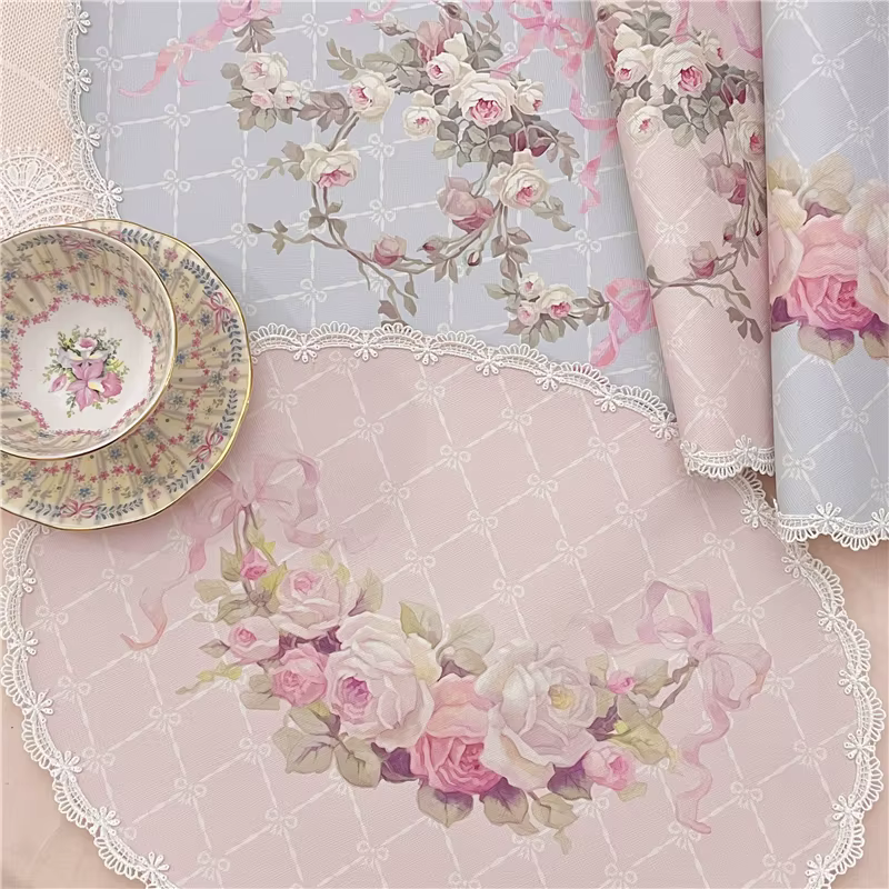 Set de Table Vintage Européen en Dentelle et Cuir avec Nministériels d, Imprimé Rose, Ovale, Accesso