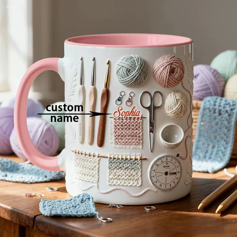 Tasse à café personnalisée avec motif tricoté - Nom gravé et logo boule de laine - Cadeau pour les a