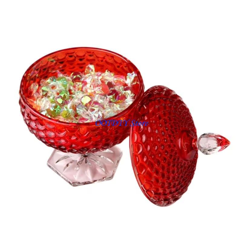 Pot à bonbons recouvert verre épaissi rouge gaufré avec couvercle pour le stockage collations, bibel