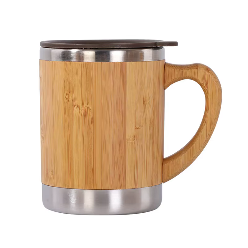 Tasse à café rustique en bambou avec poignée couvercle, tasse à thé Thermos en acier inoxydable pour