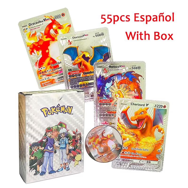 55 cartes anglaises Charizard en feuille d'or, lettres dorées, cartes de jeu anglaises et espagnoles