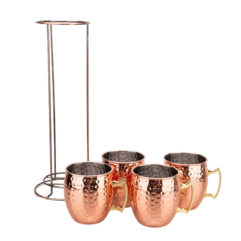 Ensemble de 4 tasses Moscow Mule de 500 ml avec support en fer – Tasses en cuivre martelé en acier i