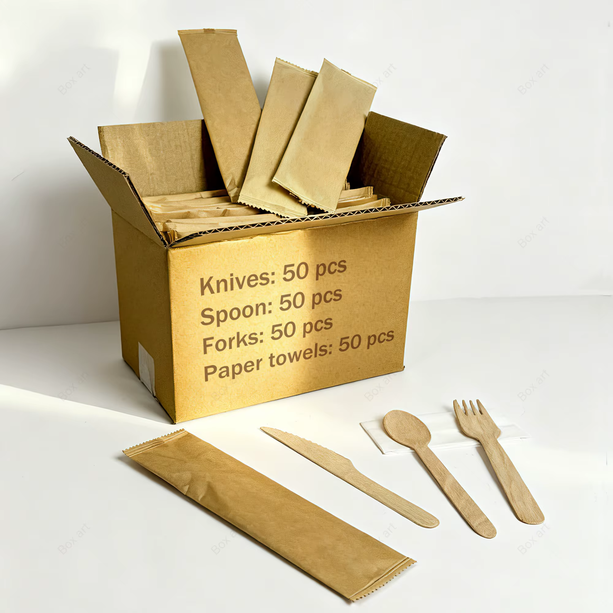 Ensemble de couverts jetables en bois de 50 pièces (couteau + fourchette + cuillère + serviette) fab