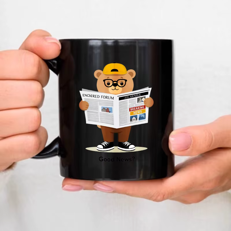 Tasse à café en céramique, imprimée avec un ours noir lisant un journal, imprimée avec des forêts et