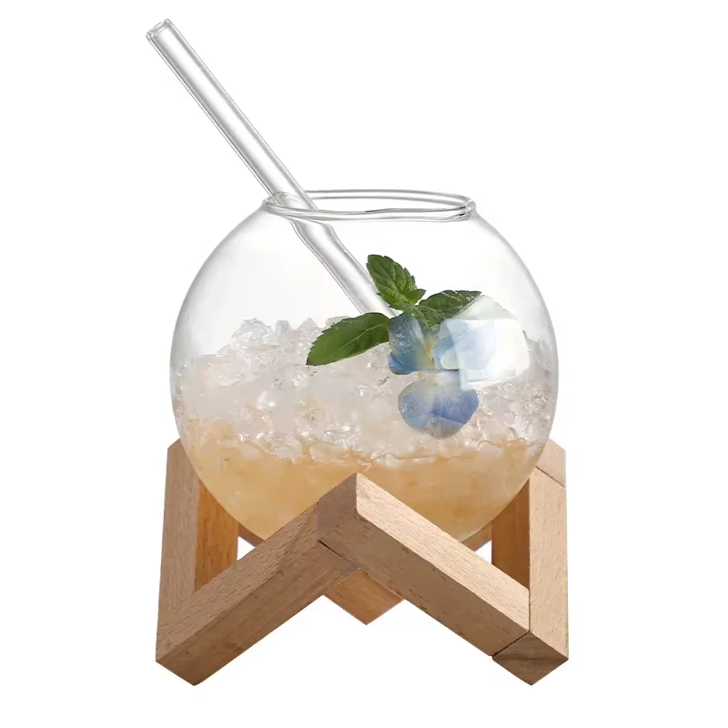 Tasse en verre à Cocktail avec support en bois, tasse à boisson ronde lunaire créative avec paille,