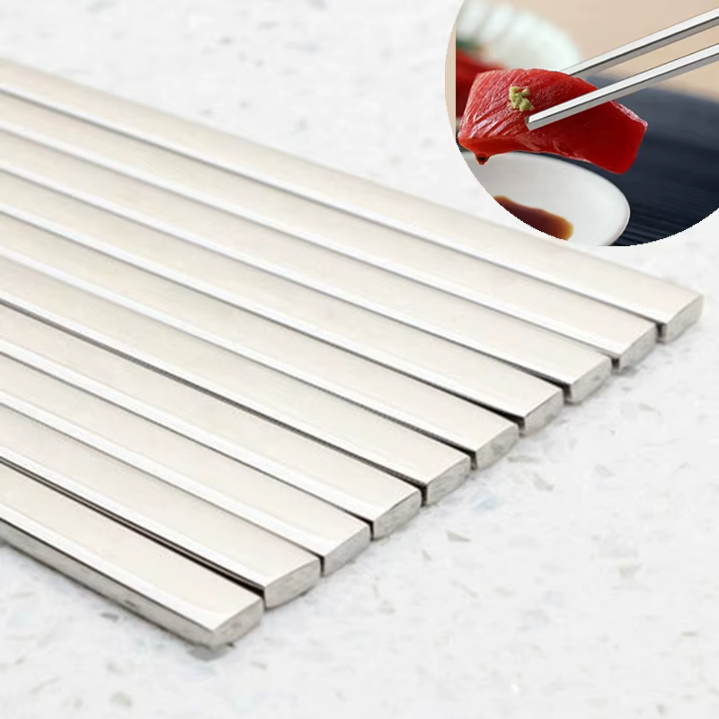 Baguettes plates chinoises coréennes, 5 paires, bâtons en acier inoxydable de haute qualité, accesso