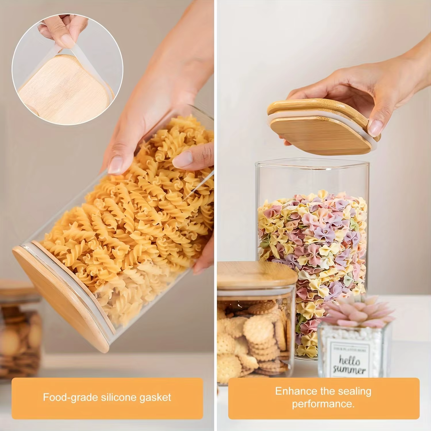Pot de stockage des aliments en verre avec couvercle en bambou, pot de stockage de cuisine transpare