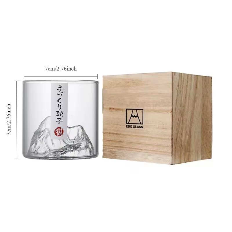 Verre à whisky japonais à l'ancienne, montagne 3D, verre à roche, boîte cadeau en bois, tasse à cert