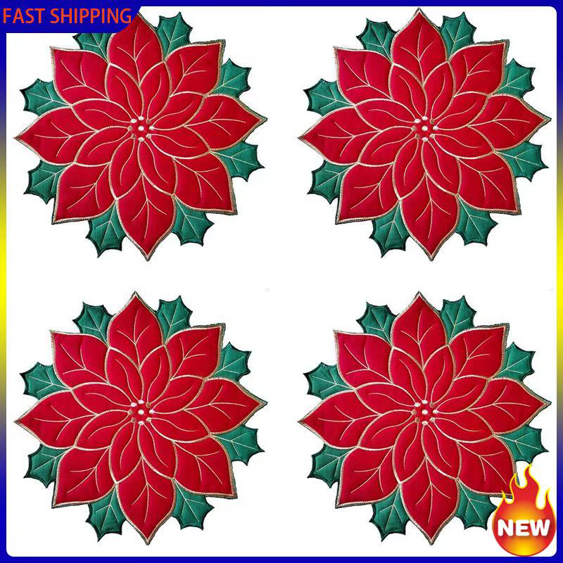 Napperons brodés de noël tendance chaude, napperons Poinsettia appliqués, napperon à fleurs de noël