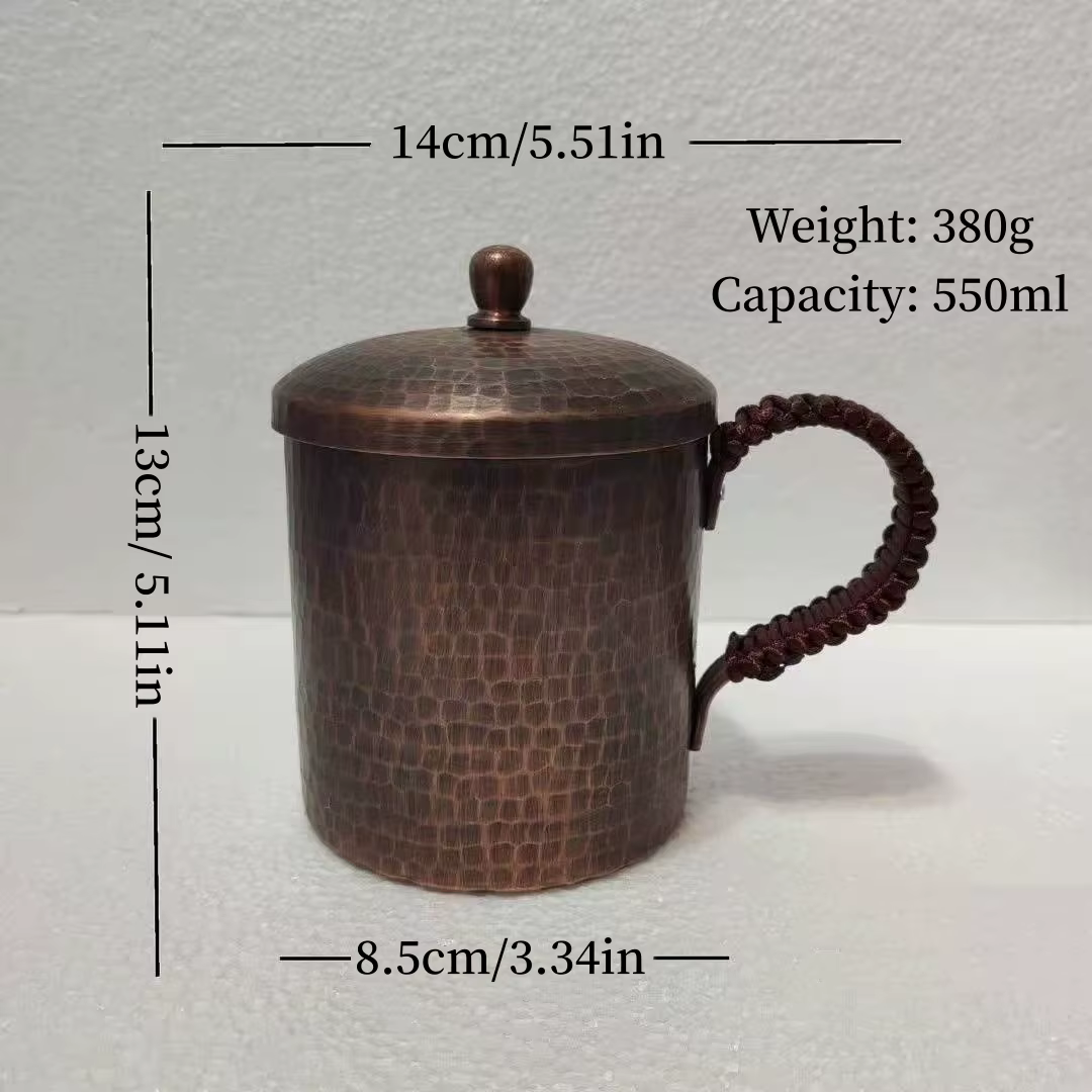 Tasse à café Vintage en cuivre pur, avec couvercle, tasse de petit déjeuner de 550 ml, Texture artis