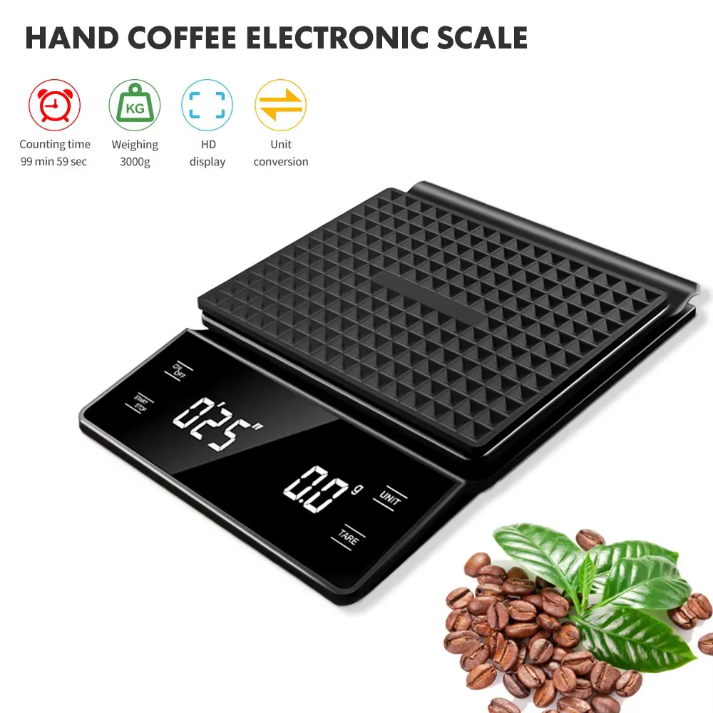 Balance à café 3kg/0.1g avec minuterie, outils de cuisine, balance numérique multifonction, verser s