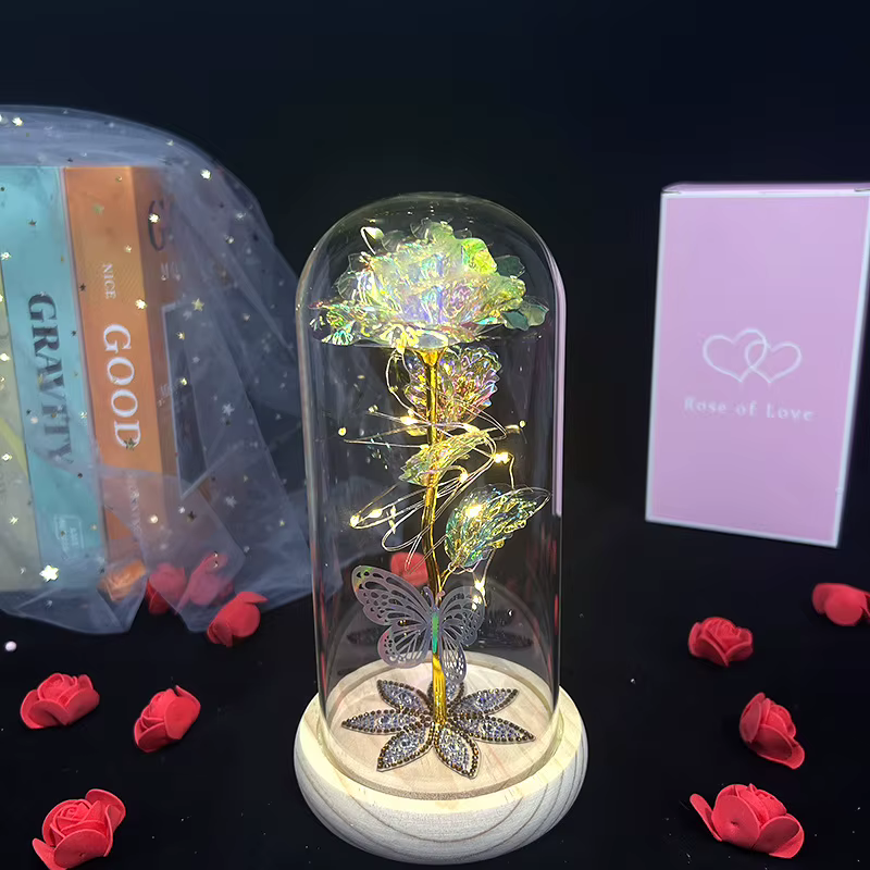 Galactic Glass roses, cristal éternel, illuminer les roses dans le dôme de verre, cadeau d'anniversa