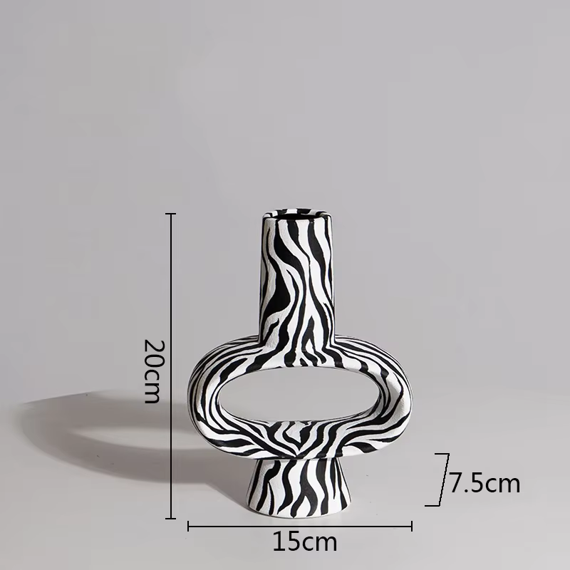Vase en céramique à rayures zébrées, décoration de bureau géométrique noir et blanc, Arrangement flo