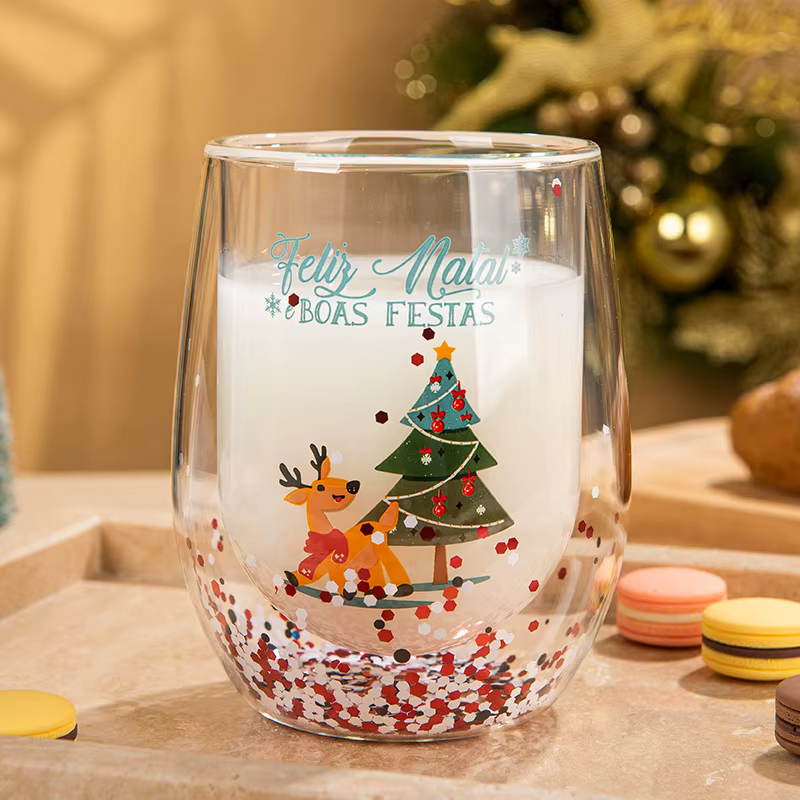 Tasses à café résistantes à la chaleur, tasse en verre à Double paroi, motif arbre de noël bonhomme 