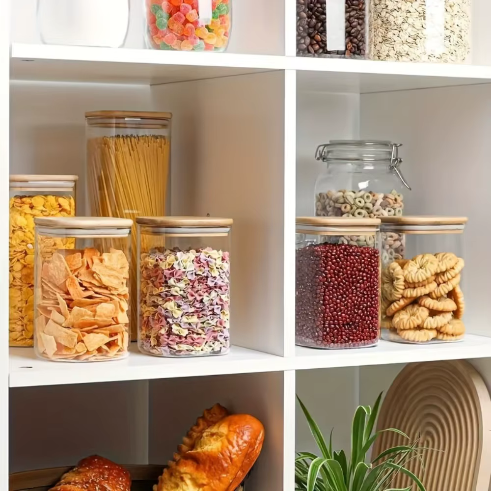 Pot de stockage des aliments en verre avec couvercle en bambou, pot de stockage de cuisine transpare