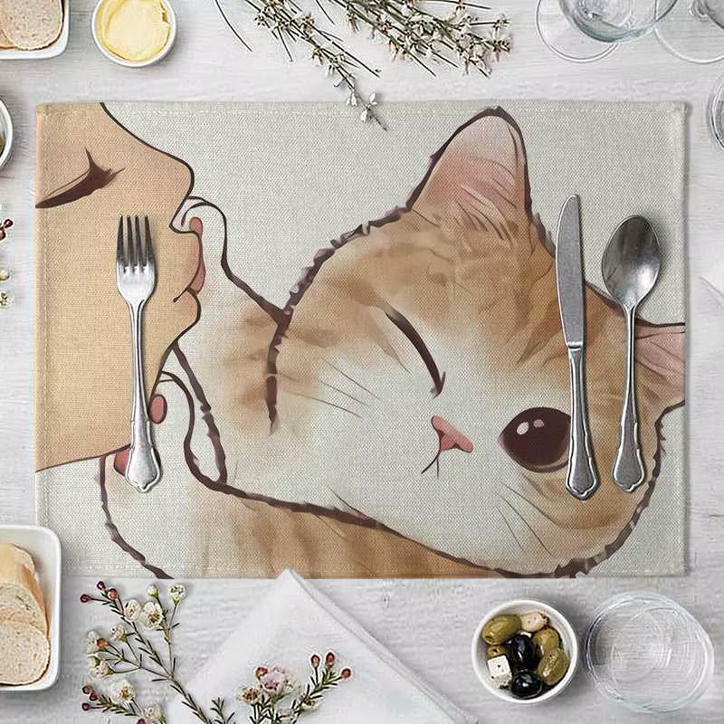 Napperon de Table en coton et lin, chat de dessin animé, tapis de Table à motif d'animaux de chats K