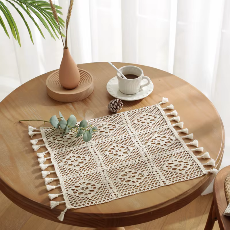 Sets de table bohèmes beiges, sets de table vintage style farmhouse bohème en crochet et macramé pou