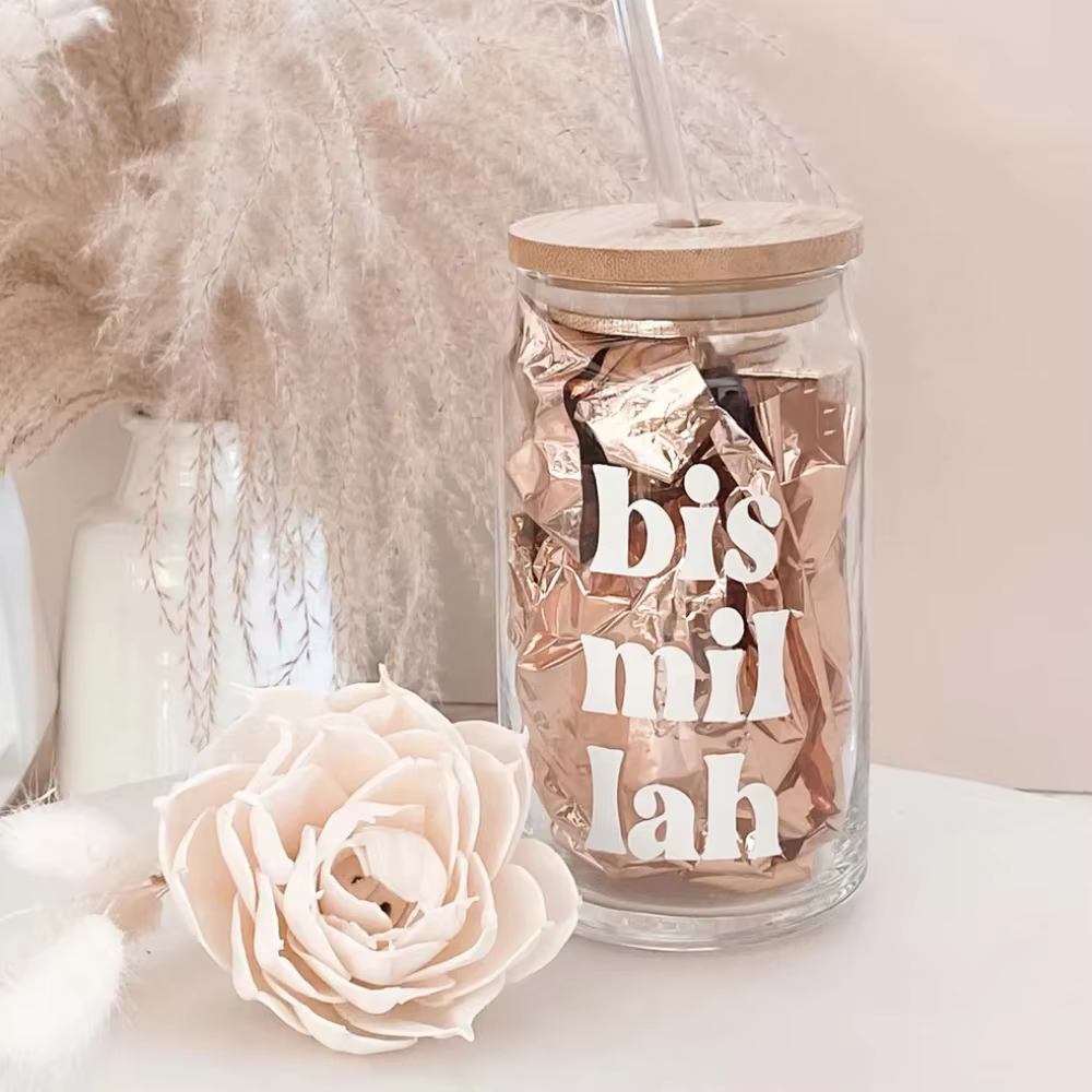 Tasse en verre Transparent Eid al-adha Bismillah, avec couvercle, en paille, cadeaux du Ramadan pour