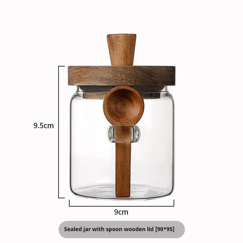 Bocaux en verre de cuisine avec couvercles et cuillère en bois, récipients hermétiques de stockage d