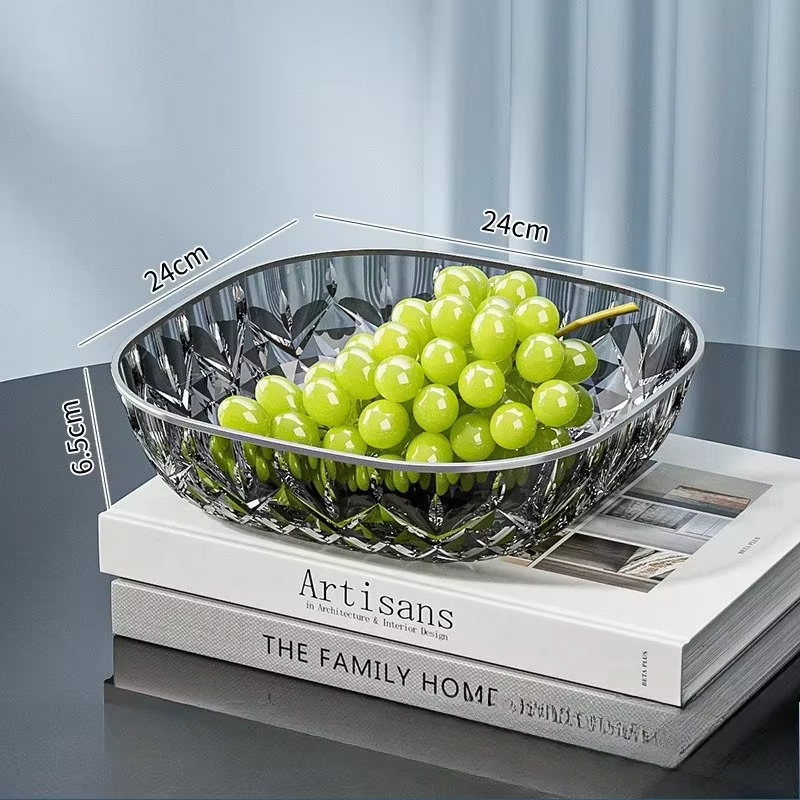 Plateau carré transparent en plastique pour fruits, salades, desserts et biscuits, avec bord doré, v