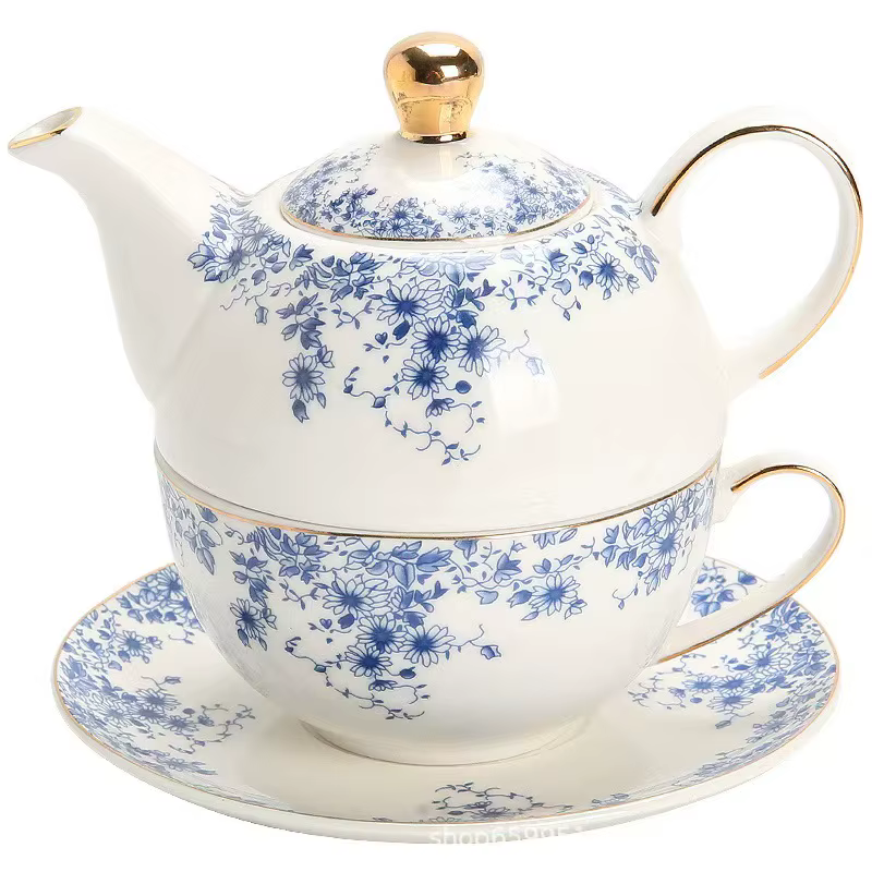 Théière à fleurs anglaises, Pot classique en marguerite bleue et blanche, tasse et soucoupe en céram