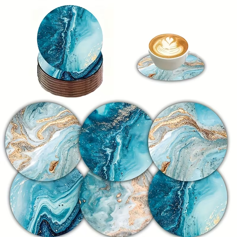 Ensemble de 6 dessous-de-verre et sets de table ronds en bois bleu océan 2D - Décoration de table po