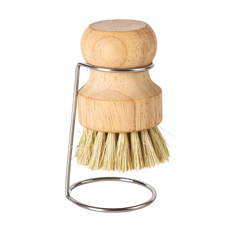 Brosse à vaisselle en bois écologique, éponge à poils de sisal durables avec support en acier inoxyd