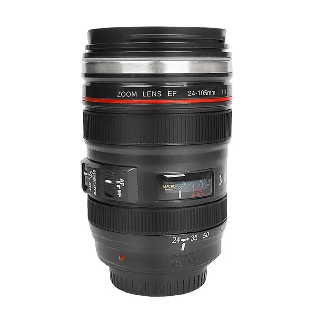 Tasse à café décontractée en acier inoxydable avec couvercle, modèle d'objectif d'appareil photo SLR