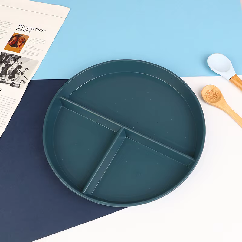 Vaisselle ronde réutilisable pour adultes, vaisselle de cuisine, assiettes à portions, 3 compartimen