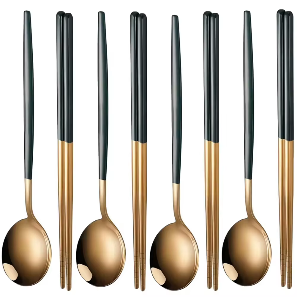4 pièces ménage noir or ensemble de couverts baguettes cuillère or acier inoxydable cuisine vaissell