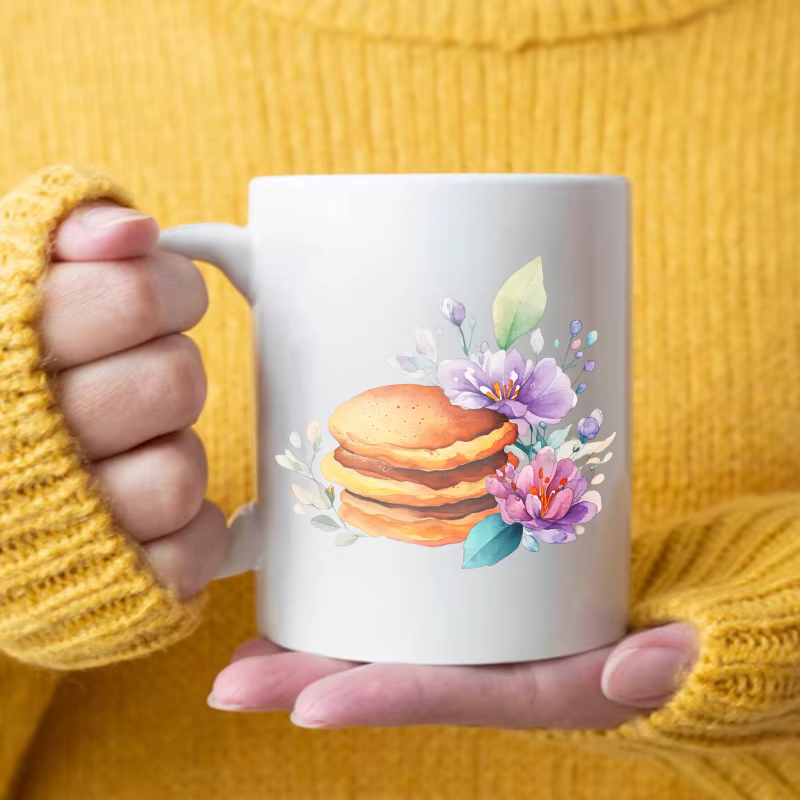 Tasse en céramique, macaron blanc et motif floral, parfaite pour le café, le thé, le petit déjeuner,