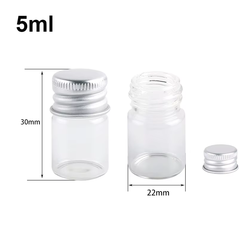 Pot en verre de 5 ml, 6 ml, 7 ml, 10 ml, 15 ml, 25 ml, 30 ml avec couvercle en aluminium, bouteille